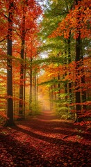 A scenic forest path surrounded by trees with vibrant autumn foliage bathed in warm sunlight, creating a tranquil scene