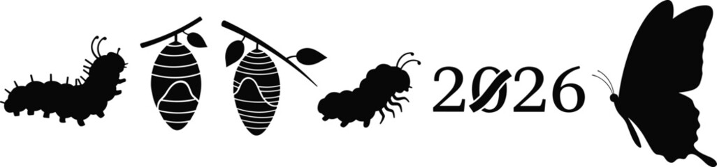 2026 butterfly life cycle silhouette set featuring caterpillar, chrysalis on branch, flying insect, and transformation concept for new year desig