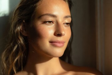 Fototapeta premium Portrait of a healthy young woman with natural skin and glowing facial features in sunlight