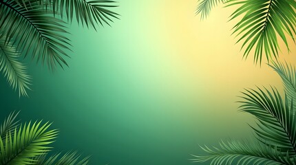 Vibrant green palm fronds frame a soft gradient background transitioning from emerald to golden yellow,