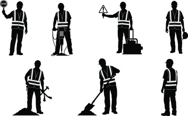 Obraz premium Construction worker silhouettes, roadwork safety illustration, traffic control, jackhammer operation, excavation teamwork, shoveling labor, industrial safety gear, construction site roles, flat vector