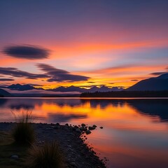 A scenic lake reflects a vibrant sky during sunset. Mountains are in the background, with water and clouds. The image is calm