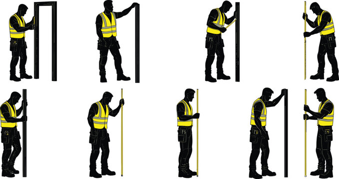 Construction worker silhouette, measuring vertical post, safety helmet, high visibility vest, black and white illustration, site inspection, engineering, carpentry, building, industry