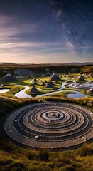 A scenic landscape features a unique series of mounds with concentric circles under a starry sky. Water and grass fill the valleys