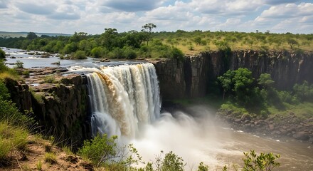 A scenic landscape showcases a cascading waterfall, flowing over a cliff edge into a churning pool, with lush green foliage nearby