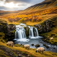 A scenic landscape showcases a cascading waterfall, flowing through a vibrant autumnal valley with sheep grazing under a cloudy sky
