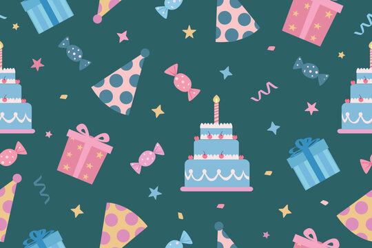 Festive vector illustration featuring a seamless pattern of birthday elements including cakes with candles, gift boxes, candy, and party hats on a dark background.