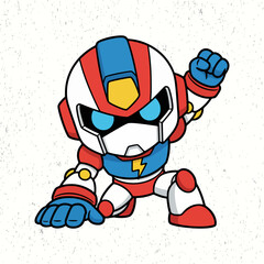 Charming robotic character looking both cute and intimidating, standing in a combat stance in a colorful flat vector illustration.