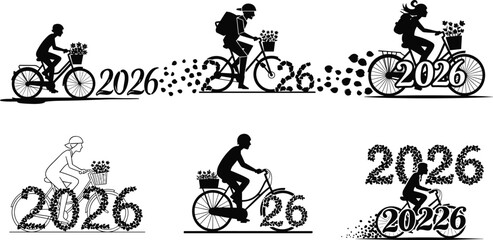 2026 New Year, bicycle riders, silhouettes, eco friendly transport, floral numbers, vector illustration collection, holiday concept