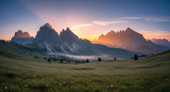 A scenic mountain range under a beautiful, colorful sunset sky with grassy foreground. Golden rays shine through