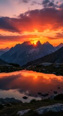 A scenic mountainous landscape captures a brilliant sunrise with a fiery sky reflected in a serene lake. Shadows cast from mountain peaks