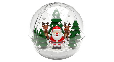 A festive christmas snow globe featuring santa claus, two reindeer, and three evergreen trees, with falling snow inside a clear glass sphere, isolated on transparent background