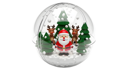 A festive christmas snow globe featuring santa claus, two reindeer, and three evergreen trees, with falling snow inside a clear glass sphere, isolated on transparent background