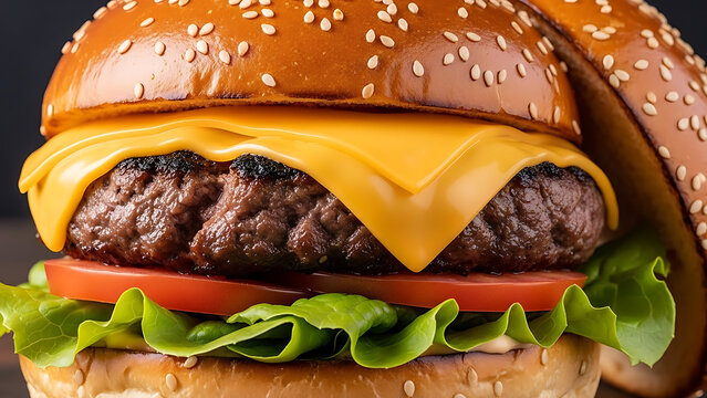 A close-up shot of a classic cheeseburger with a grilled patty, melted cheese, fresh lettuce, and tomato on a sesame seed bun. - Powered by Adobe