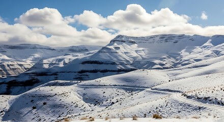 A scenic mountainous landscape shrouded in snow, with a winding road leading towards the distant peaks under a partly cloudy sky