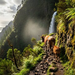 A scenic mountainous landscape features a waterfall, lush greenery, and two cows strolling along a stone path