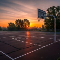 A scenic outdoor basketball court bathed in the warm light of sunrise. The sky glows orange as the sun rises between trees