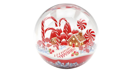A festive christmas snow globe featuring a whimsical gingerbread house, candy canes, and lollipops, creating a sweet holiday scene, isolated on transparent background