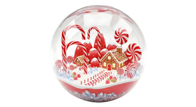 A festive christmas snow globe featuring a whimsical gingerbread house, candy canes, and lollipops, creating a sweet holiday scene, isolated on transparent background