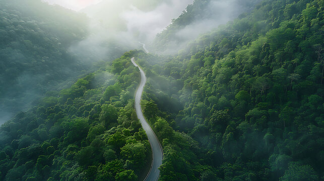 Winding asphalt road through lush green misty jungle mountains forest