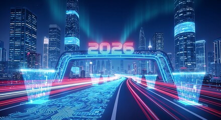 Futuristic neon cityscape with 2025 signage and streaking light trails representing progress and the future
