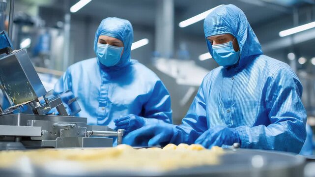 Food processing workshop scene, two workers wearing blue protective suits, blue haimets, blue gloves, and masks, operating food processing equipment, handling food in packaging