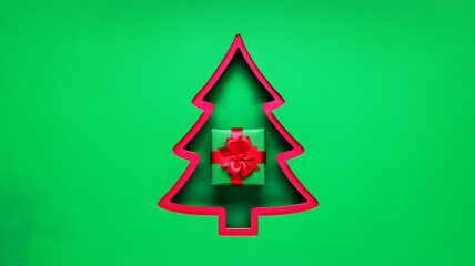 Green background with christmas tree cutout and gift box inside with a red ribbon bow on top