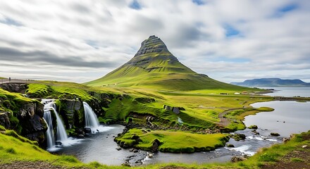 A scenic panoramic view of a lush green landscape featuring a cascading waterfall, a prominent mountain, and a serene lake under a cloudy sky