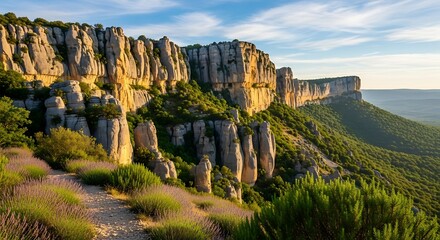 A scenic panoramic view of a massive cliff face bathed in the golden light of the setting sun, with lavender fields