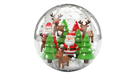 Festive 3d rendering of a charming christmas snow globe featuring santa claus, reindeer, and evergreen trees, creating a whimsical winter wonderland scene, isolated on transparent background