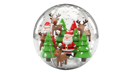 Festive 3d rendering of a charming christmas snow globe featuring santa claus, reindeer, and evergreen trees, creating a whimsical winter wonderland scene, isolated on transparent background