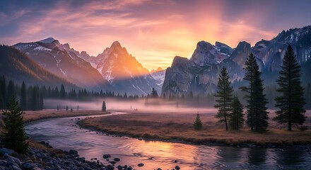 A scenic panoramic view of mountains at sunrise, a river meandering through a valley shrouded in mist. Evergreens stand