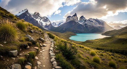 A scenic panoramic view of mountains, a turquoise lake, and a hiking trail on a grassy hill under a partly cloudy sky
