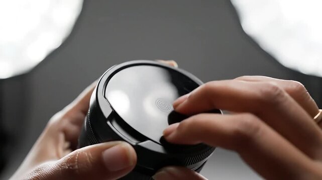 Macro shot of a hand pressing or rotating a sleek, black camera lens cap, ideal for photography tutorials and tech product advertisements.