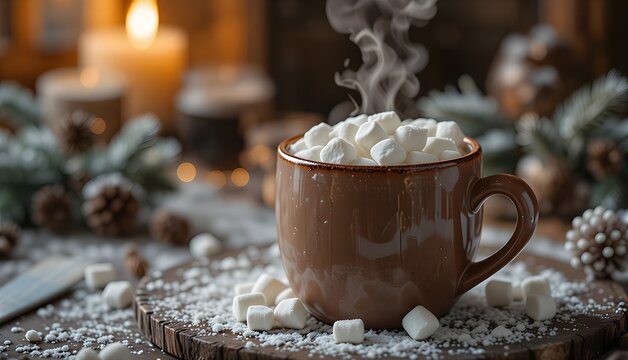 A steaming mug of hot chocolate topped with marshmallows, cozy winter setting, wooden table, soft warm lighting, high-detail food photography. - Powered by Adobe