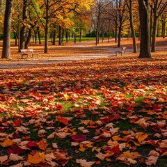 A scenic park captures fall's beauty with vibrant orange and red foliage covering the ground. Sunlight filters through trees
