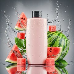 Fresh watermelon and slices with a splash of water on a gray background, highlighting their vibrant colors and textures.