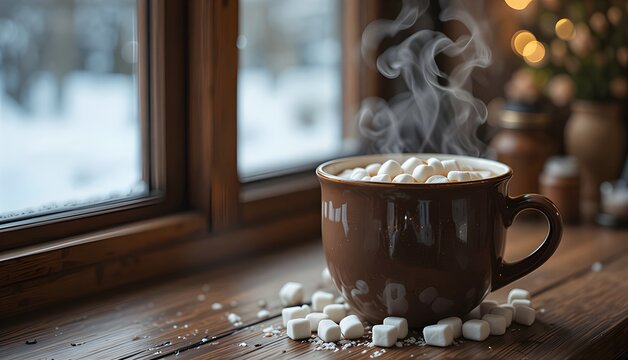 A steaming mug of hot chocolate with marshmallows placed on wooden table near frosted window, warm cozy atmosphere, soft lighting.