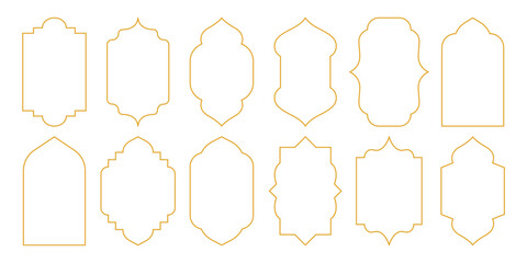 Gold arabic frames. Geometric islamic golden arch with traditional mosque door and window silhouettes, oriental ornate decoration, modern ramadan kareem borders. Vector set
