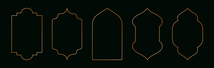 Arabic golden frames. Luxury islamic geometric windows and doors, oriental mosque architecture, modern ramadan kareem shiny frame design, retro oriental ornate borders. Vector set