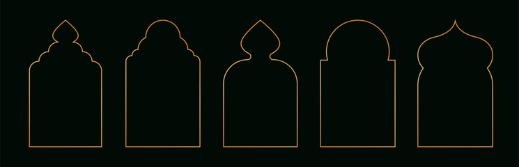 Arabic golden frames. Islamic geometric windows and doors, oriental mosque arch architecture, modern ramadan kareem shiny frame design, luxury oriental ornate borders. Vector set