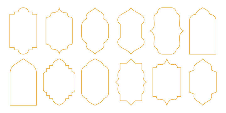 Gold arabic frames. Geometric islamic golden arch with traditional mosque door and window silhouettes, oriental ornate decoration, modern ramadan kareem borders. Vector set