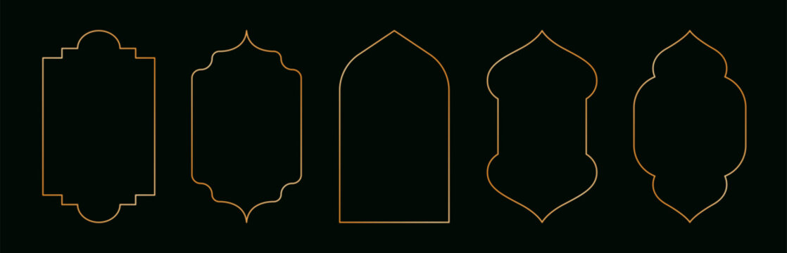 Arabic golden frames. Luxury islamic geometric windows and doors, oriental mosque architecture, modern ramadan kareem shiny frame design, retro oriental ornate borders. Vector set