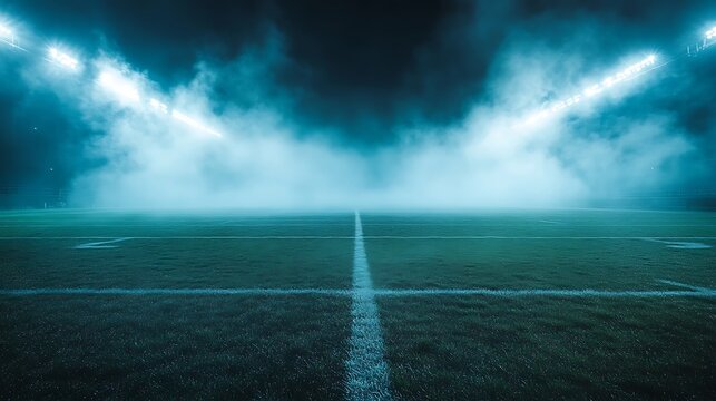 American football field under stadium lights with fog and smoke high resolution image