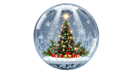 A festive christmas tree with lights and ornaments, surrounded by gifts and snowflakes, inside a clear glass snow globe, isolated on transparent background