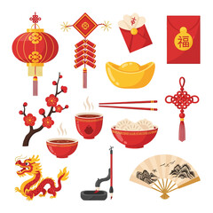 Celebrate the Lunar New Year with vibrant icons of Chinese culture including dragons, lanterns, tea, dumplings, and lucky red envelopes for prosperity