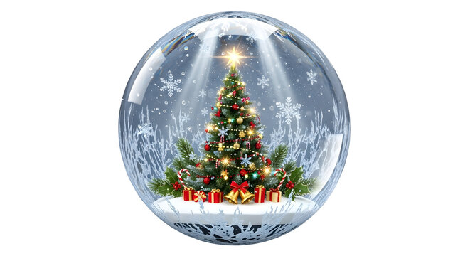 A festive christmas tree with lights and ornaments, surrounded by gifts and snowflakes, inside a clear glass snow globe, isolated on transparent background