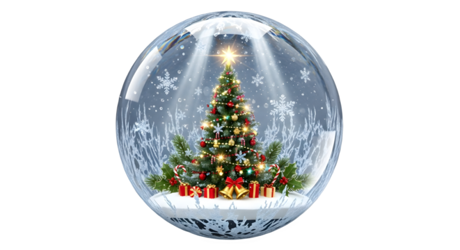 A festive christmas tree with lights and ornaments, surrounded by gifts and snowflakes, inside a clear glass snow globe, isolated on transparent background