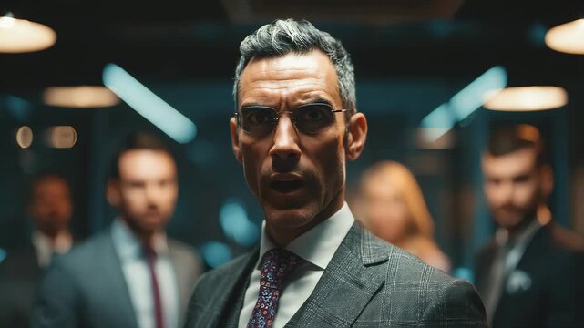 formal business negotiation, handsome authoritarian CEO, sharply dressed, intense expression
