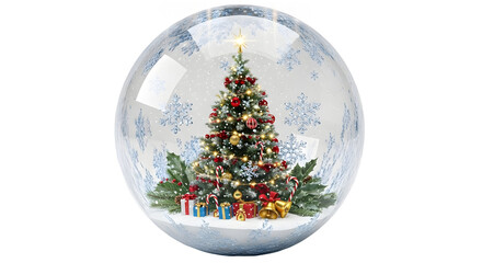 A festive snow globe featuring a beautifully decorated christmas tree with colorful ornaments and presents at its base, surrounded by falling snowflakes, isolated on transparent background
